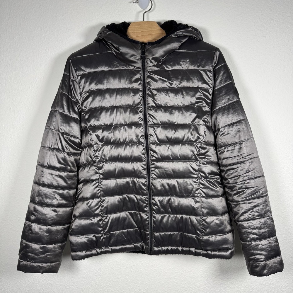 Andrew Marc Women's Metallic Gray Hooded Puffer Jacket Faux Fur Lined Size XL
